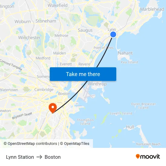 Lynn Station to Boston map