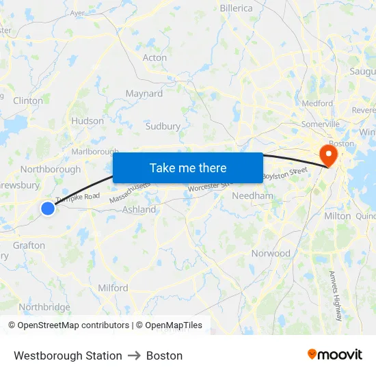 Westborough Station to Boston map