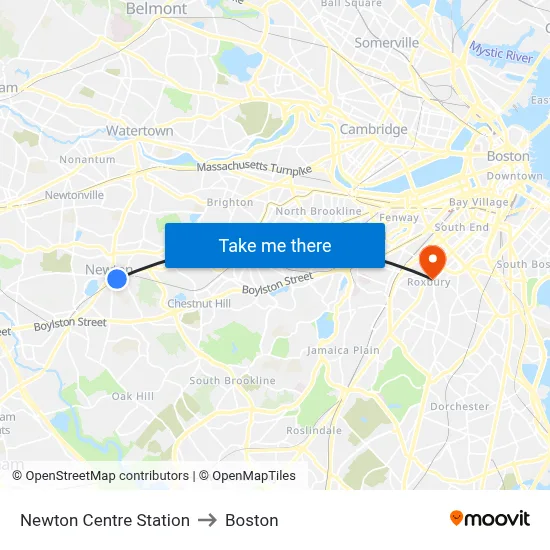 Newton Centre Station to Boston map