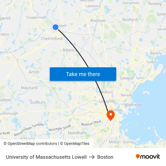 University of Massachusetts Lowell to Boston map