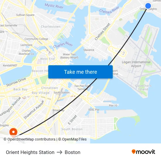Orient Heights Station to Boston map