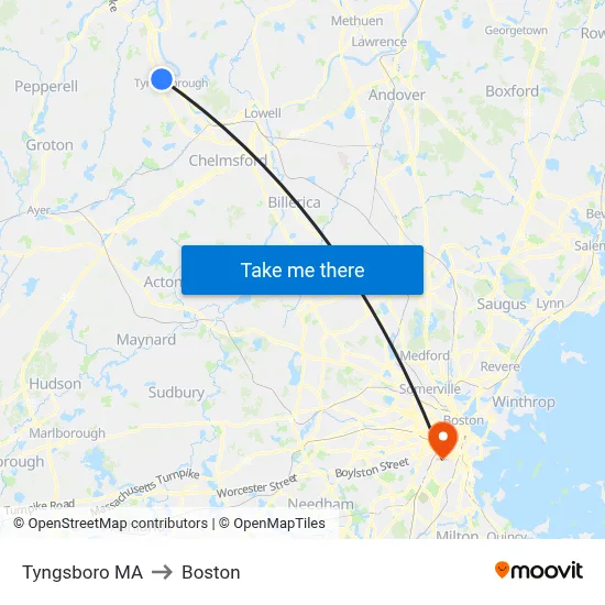 Tyngsboro MA to Boston map