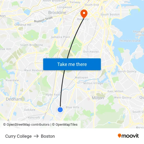 Curry College to Boston map