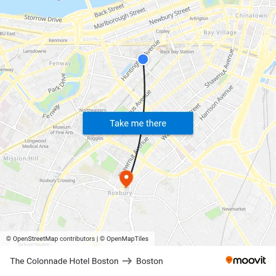 The Colonnade Hotel Boston to Boston map