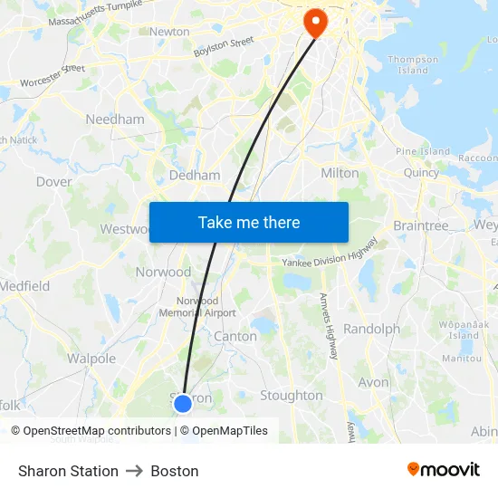 Sharon Station to Boston map