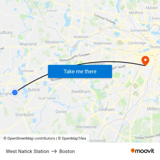 West Natick Station to Boston map