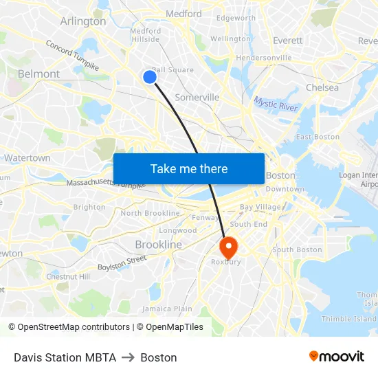 Davis Station MBTA to Boston map