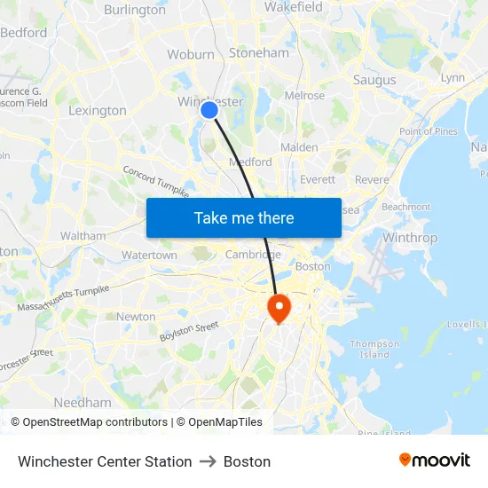 Winchester Center Station to Boston map