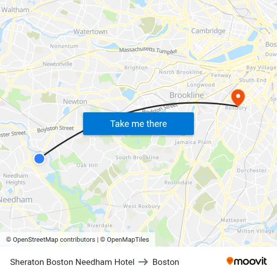Sheraton Boston Needham Hotel to Boston map