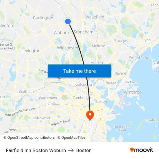 Fairfield Inn Boston Woburn to Boston map