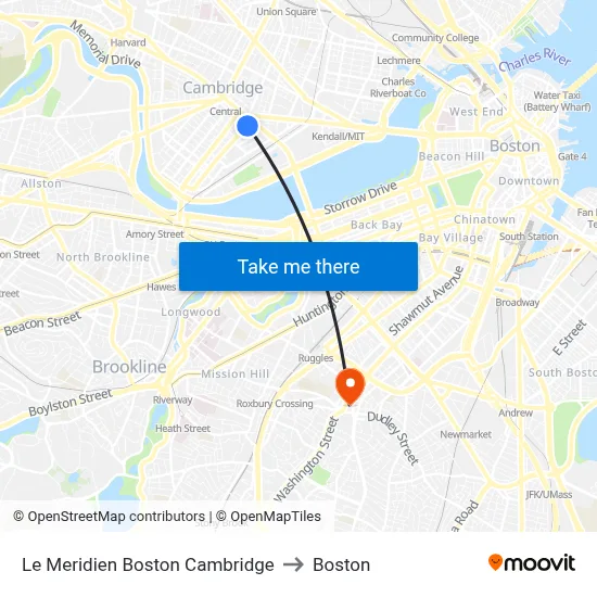Le Meridien Boston Cambridge to Boston map