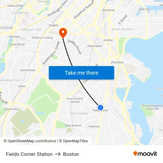 Fields Corner Station to Boston map