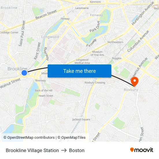 Brookline Village Station to Boston map