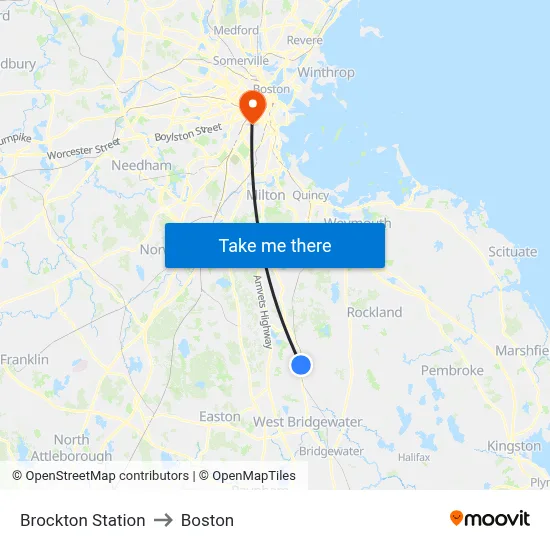 Brockton Station to Boston map