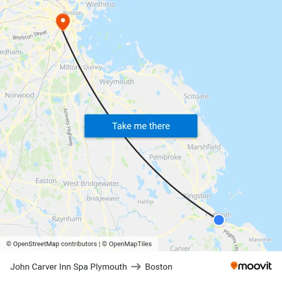 John Carver Inn Spa Plymouth to Boston map