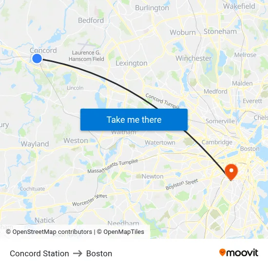 Concord Station to Boston map