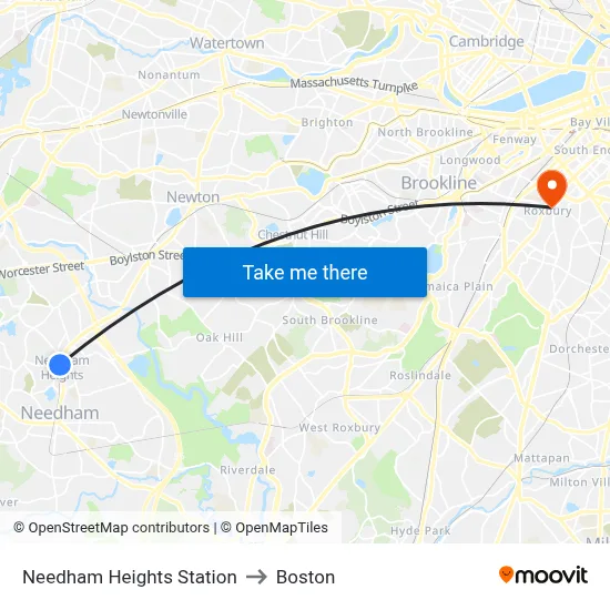 Needham Heights Station to Boston map