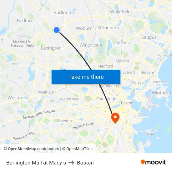 Burlington Mall at Macy s to Boston map