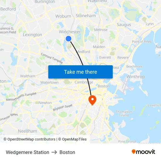 Wedgemere Station to Boston map
