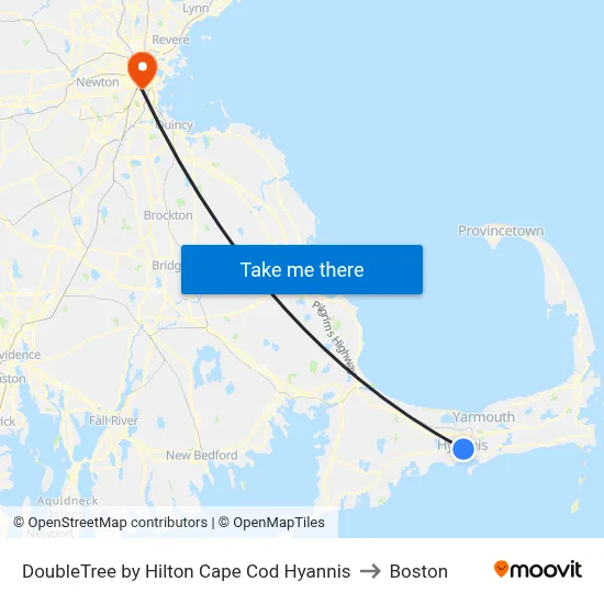 DoubleTree by Hilton Cape Cod Hyannis to Boston map