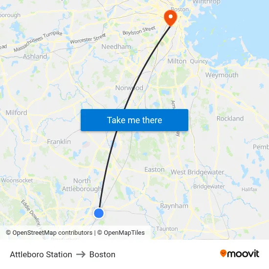 Attleboro Station to Boston map