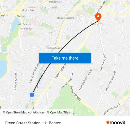 Green Street Station to Boston map
