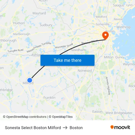 Sonesta Select Boston Milford to Boston map