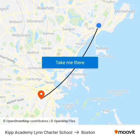 Kipp Academy Lynn Charter School to Boston map