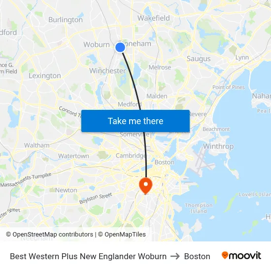 Best Western Plus New Englander Woburn to Boston map