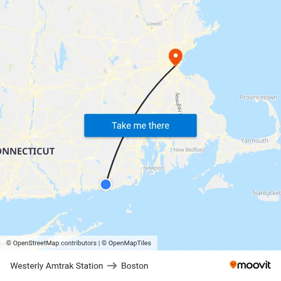 Westerly Amtrak Station to Boston map