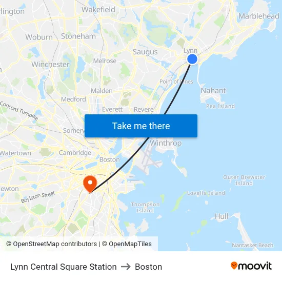 Lynn Central Square Station to Boston map