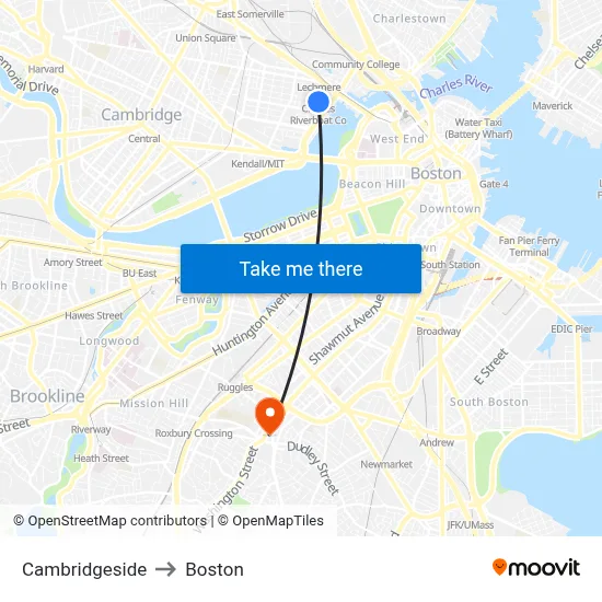 Cambridgeside to Boston map