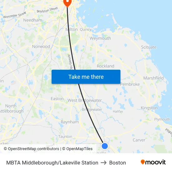 MBTA Middleborough/Lakeville Station to Boston map