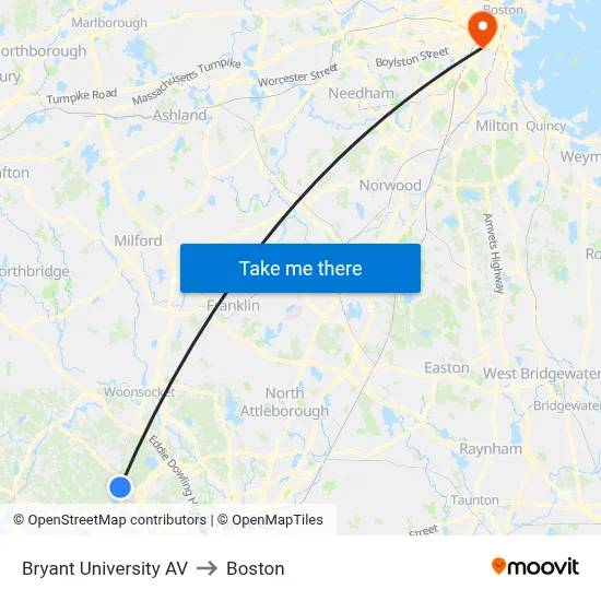 Bryant University AV to Boston map