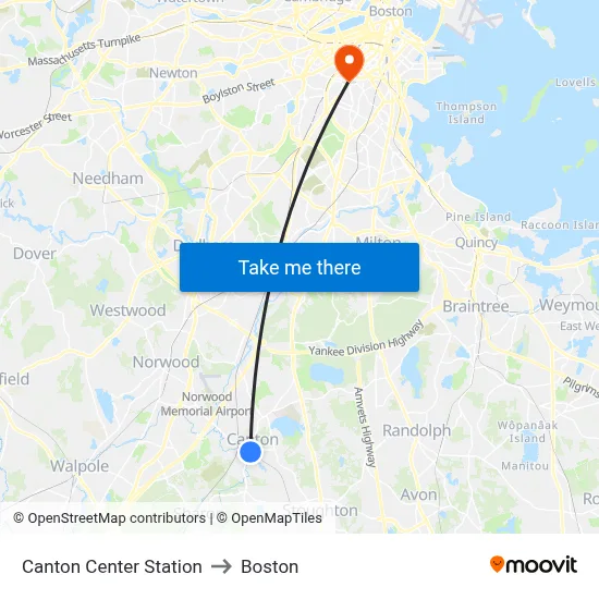 Canton Center Station to Boston map