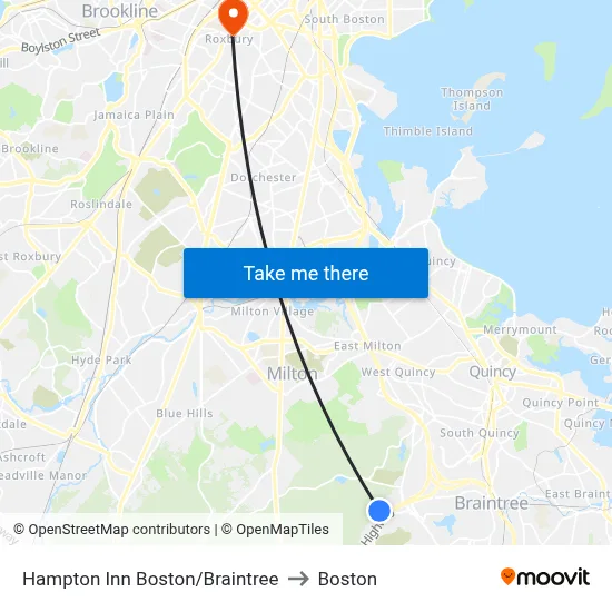 Hampton Inn Boston/Braintree to Boston map