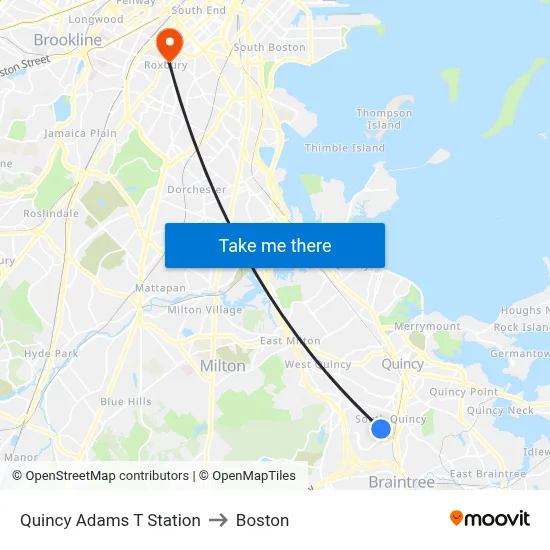 Quincy Adams T Station to Boston map