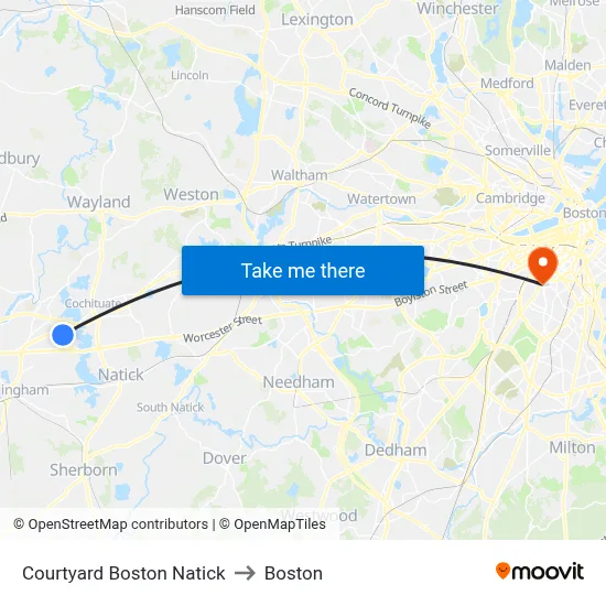Courtyard Boston Natick to Boston map