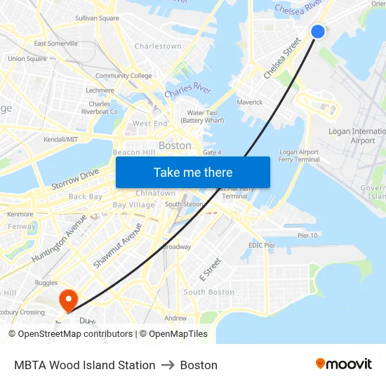 MBTA Wood Island Station to Boston map