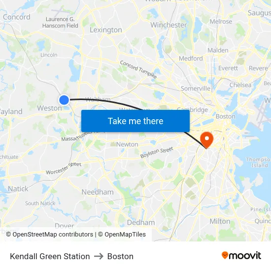 Kendall Green Station to Boston map
