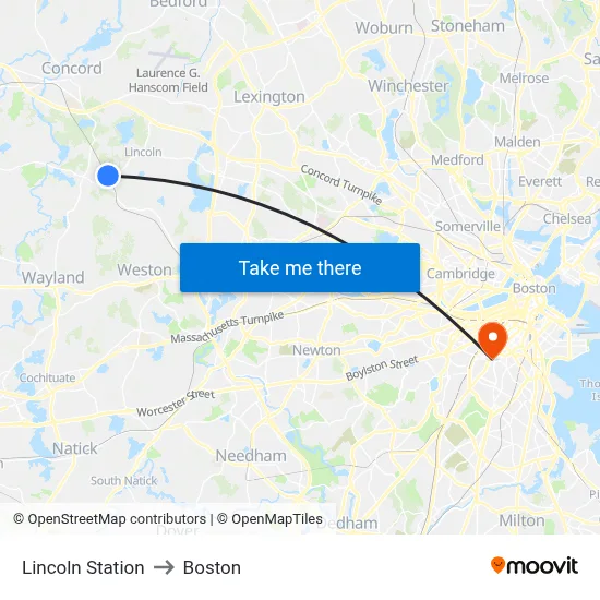 Lincoln Station to Boston map