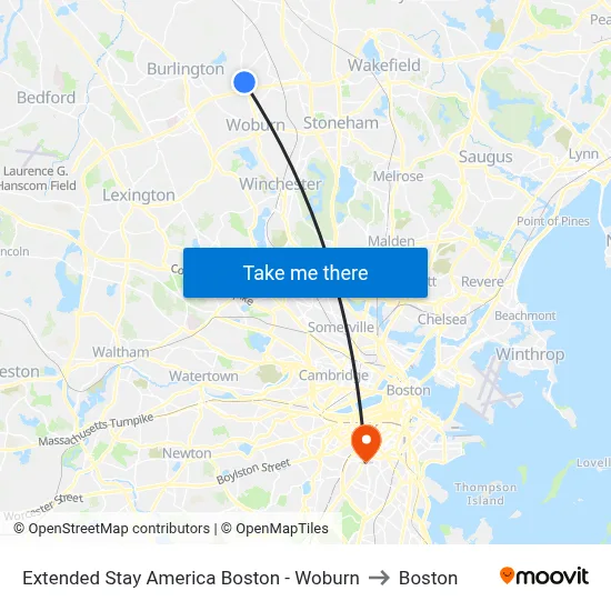 Extended Stay America Boston - Woburn to Boston map