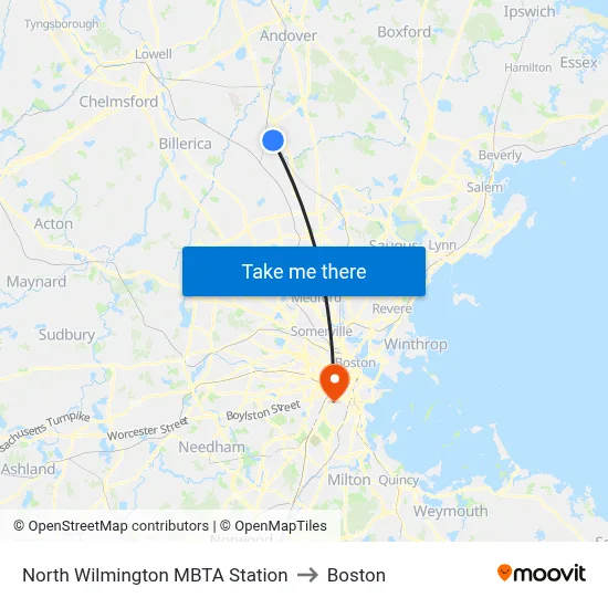 North Wilmington MBTA Station to Boston map