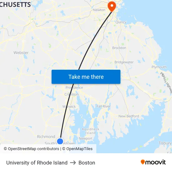 University of Rhode Island to Boston map
