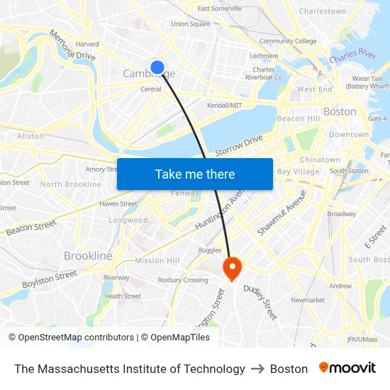 The Massachusetts Institute of Technology to Boston map