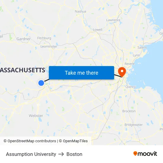 Assumption University to Boston map