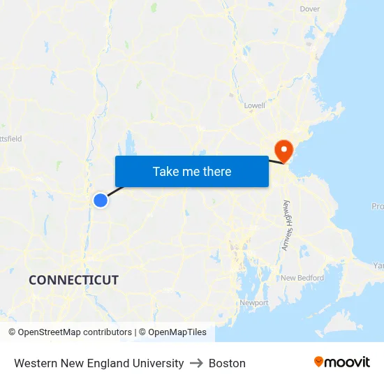 Western New England University to Boston map