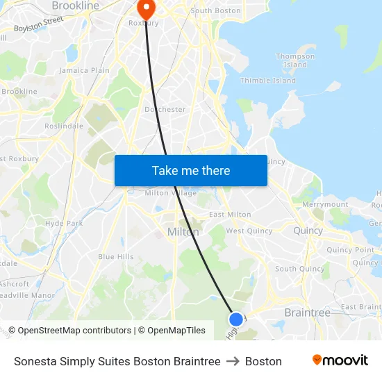 Sonesta Simply Suites Boston Braintree to Boston map