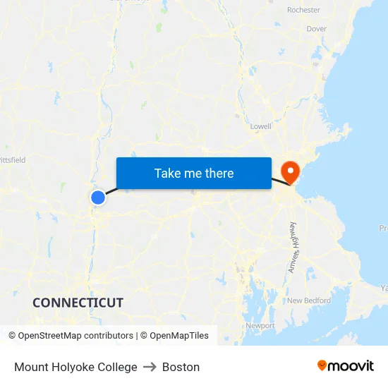 Mount Holyoke College to Boston map