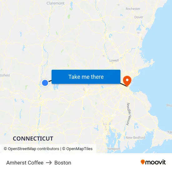 Amherst Coffee to Boston map